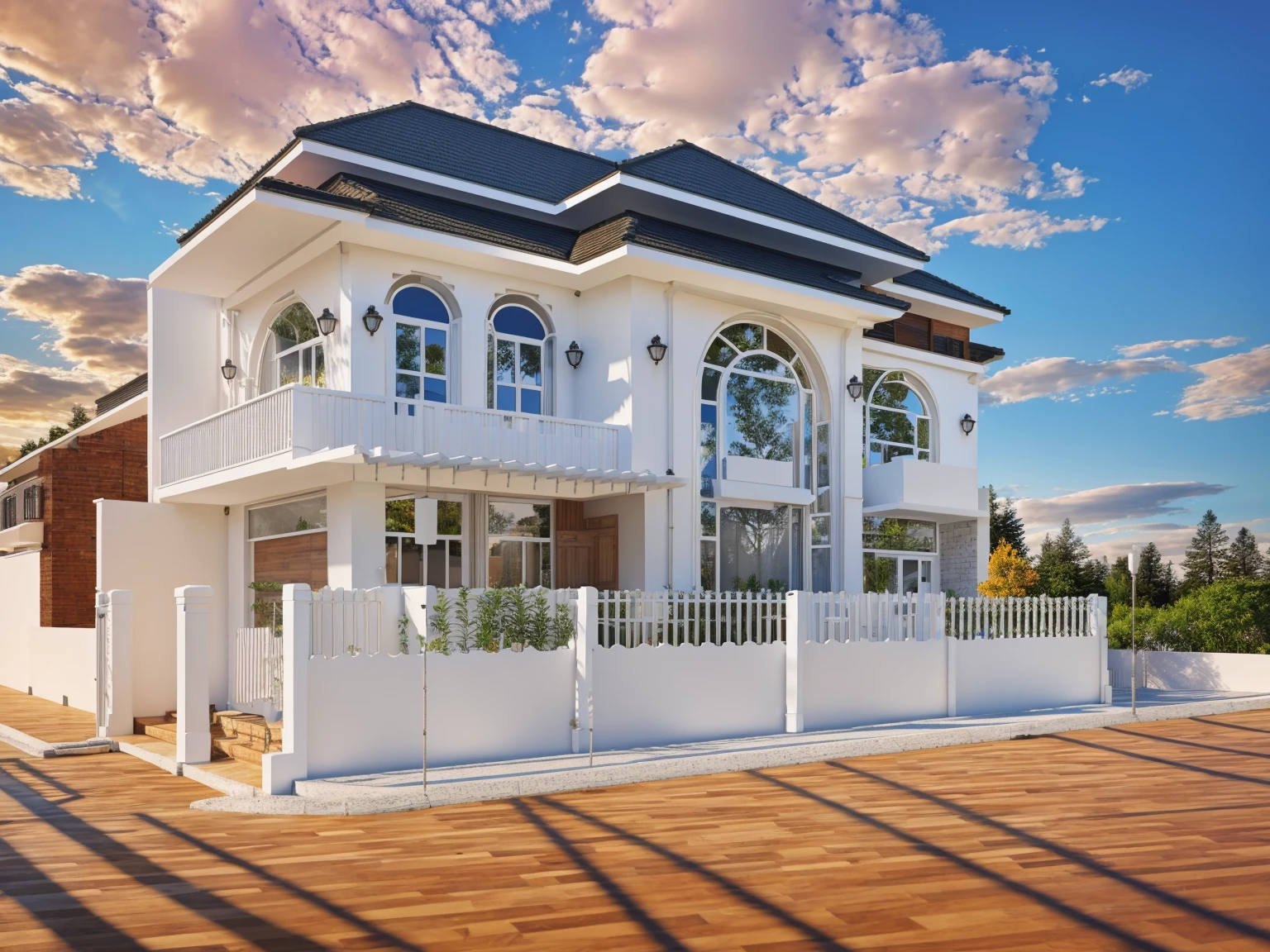 Exterior, house, luxury, modern style, reflective glass material, white wall paint, stone wall, wooden ceiling, in the city, crowded street, many cars, many people, many trees, Trees on the roof, sunrise, empty clouds, 8k, vray image