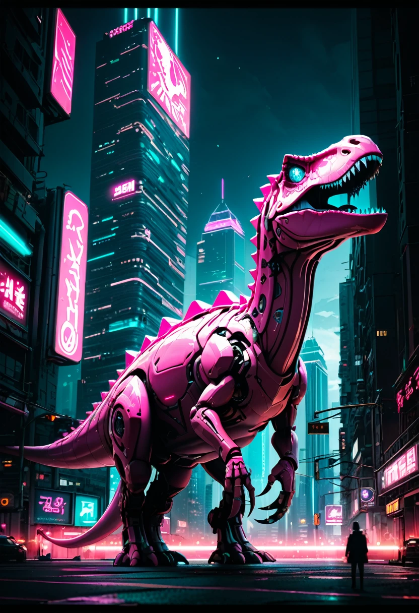 (Pink Dinosaur), the image mainly depicts a pink dinosaur integrating mechanical elements standing between high-rise buildings in the future city, with neon lights embedded on its body and soft eyes emitting light. The background is the future city, (Photography), panoramic view, award-winning, cinematic still, emotional, vignette, dynamic, vivid, (masterpiece, best quality, Professional, perfect composition, very aesthetic, absurdres, ultra-detailed, intricate details:1.3)