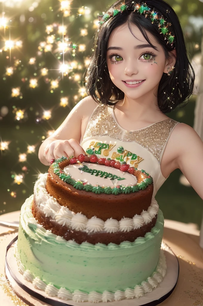 ((best quality)), ((masterpiece)), (detailed), ((stickers),  ((girl with black hair, green-ish hazel eyes, fair skin and cute smile), ((cute sparkles), (( a cake and cute details)