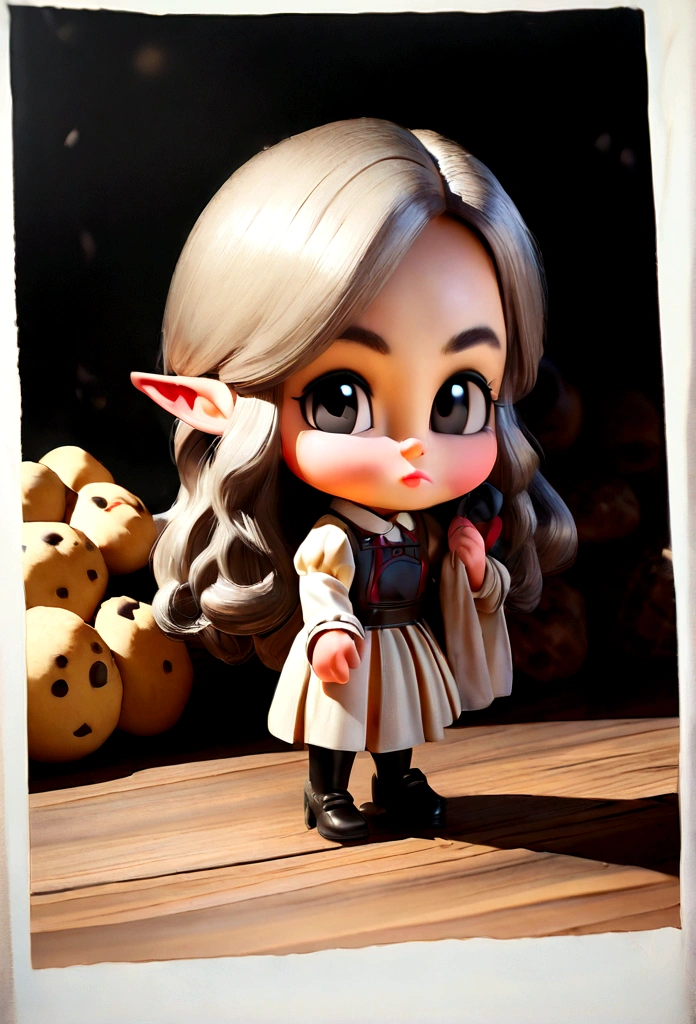 (Pixar-style),A five-year-old white girl with dark wavy hair, black eyes, small mouth ,The floor was littered with candy and cookies,Miniature Character Model, light source from right to left, Rum lighting, light source from right to left, realisitic proportions, Post-processing, ((orthogonal perspective)), super detaill, realisitic, super realisitic, photoreal rendering,,Gita,Disney style