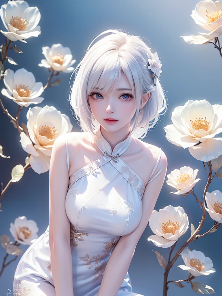 ((Above the knee images))((masterpiece:1.5、8K、Portraiture、フォトリアリスティックでVery detailedなCG、Very detailed、Particle Effects、Dynamic Effects、Written boundary depth、Cinematic Light、Lens flare、Ray Tracing、Tabletop、Realistic:1.4、Ultra-high resolution:1.2、Realistic、Realistic))((alone、No sleeve,A woman wearing a Chinese dress:1.4、Model-like pose:、Side bust、Ample breasts、Detailed face、Bright expression、young, Brighter, Whiter skin、Best Looks、Ultimate beauty、White hair with shiny highlights:1.8、bright and shiny hair,, Silky straight hair、Hair swaying in the wind))(Wonderful transparent flower々Surrounded by、White Background、Great background、Thin petals fluttering down)
