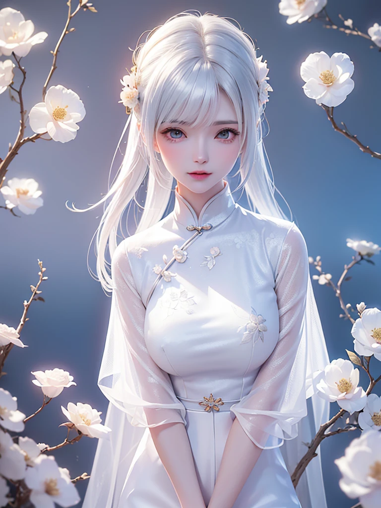 ((Above the knee images))((masterpiece:1.5、8K、Portraiture、フォトリアリスティックでVery detailedなCG、Very detailed、Particle Effects、Dynamic Effects、Written boundary depth、Cinematic Light、Lens flare、Ray Tracing、Tabletop、Realistic:1.4、Ultra-high resolution:1.2、Realistic、Realistic))((alone、No sleeve,A woman wearing a Chinese dress:1.4、Model-like pose:、Side bust、Ample breasts、Detailed face、Bright expression、young, Brighter, Whiter skin、Best Looks、Ultimate beauty、White hair with shiny highlights:1.8、bright and shiny hair,, Silky straight hair、Hair swaying in the wind))(Wonderful transparent flower々Surrounded by、White Background、Great background、Thin petals fluttering down)
