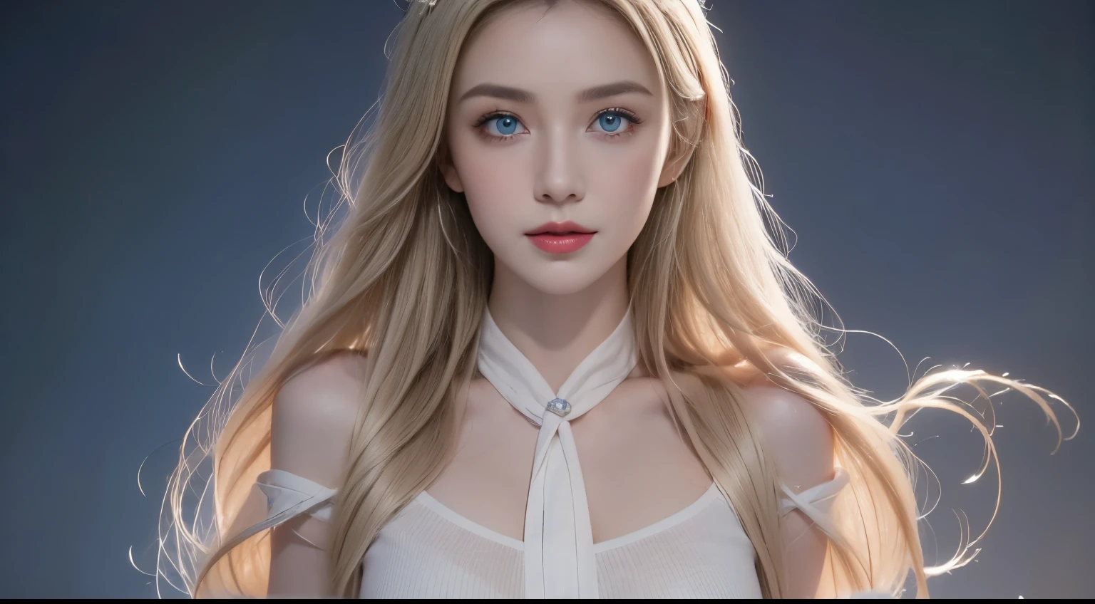 1 Girl, Blonde hair, Pointed ears, blue eyes, Clothes lift, Solitary, Hair accessories, Hairpin, Long hair, The shirt lifted, Weaving, Looking at the audience, Lips, Lift on your own, horse, Upper Body, Umbilical cord, sky,White shirt,