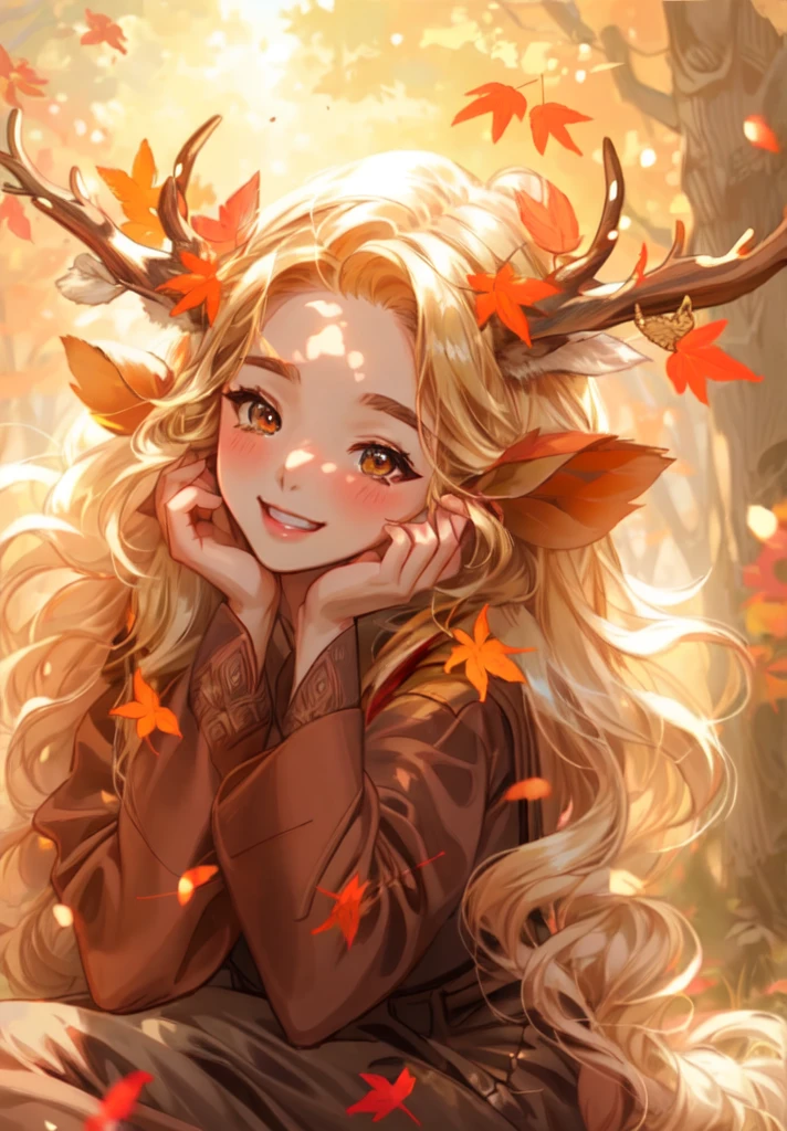 a ((brown skin)) young woman with long blonde hair and a deer antlers on her head, in a forest, 🍁 cute, 🍂 cute, smiling , full length happy,cute, open eye,gold eyes,sitting in the forest beautiful autumn spirit, goddess of autumn, style artgerm, seasons!! : 🌸 ☀ 🍂 ❄, orange and brown leaves for hair, artgerm and rossdraws, anime girl with long hair, extremely detailed artgerm, artgerm and atey ghailan