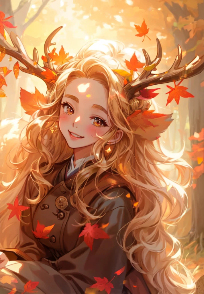 a ((brown skin)) young woman with long blonde hair and a deer antlers on her head, in a forest, 🍁 cute, 🍂 cute, smiling , full length happy,cute, open eye,gold eyes,sitting in the forest beautiful autumn spirit, goddess of autumn, style artgerm, seasons!! : 🌸 ☀ 🍂 ❄, orange and brown leaves for hair, artgerm and rossdraws, anime girl with long hair, extremely detailed artgerm, artgerm and atey ghailan
