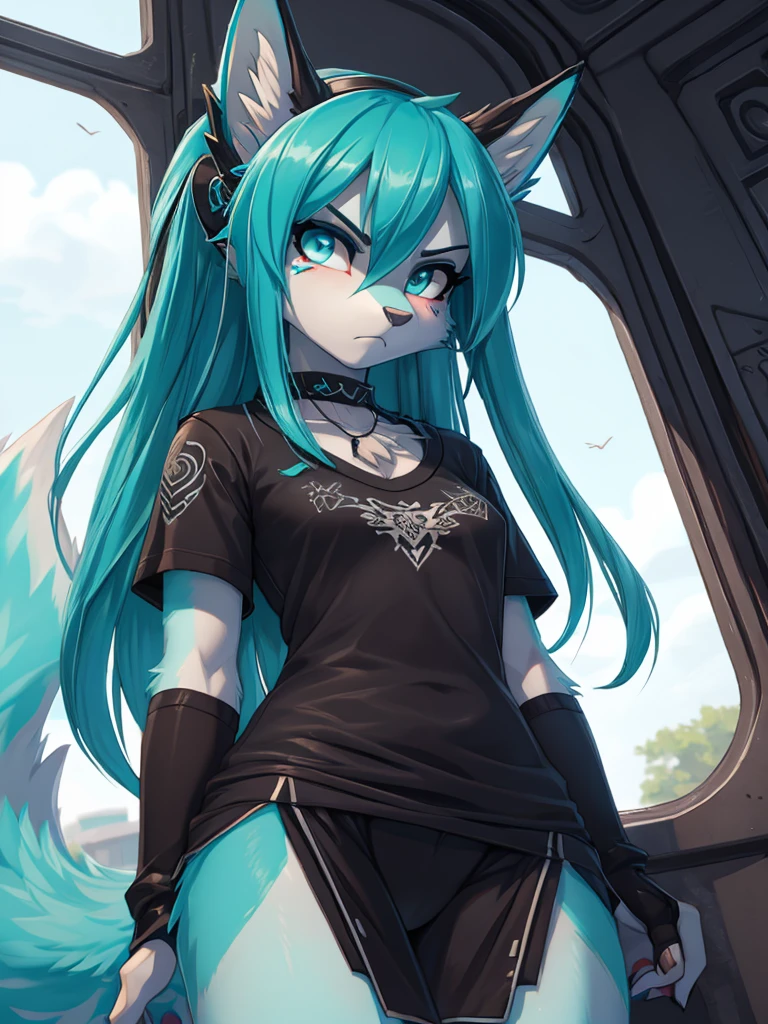 Miku Hatsune, add high definition_detail:1, blue fur,kitsune ears, tribal tattoo add_detail:1 cute high school clothes, Pretty girl, 18 year old girl, short black lycra, black metal t shirt, flirty look add_detail:3, radiant aqua iris add_detail:1 badass girl add_detail, angry face add_detail:1, psyco girl add_detail:1