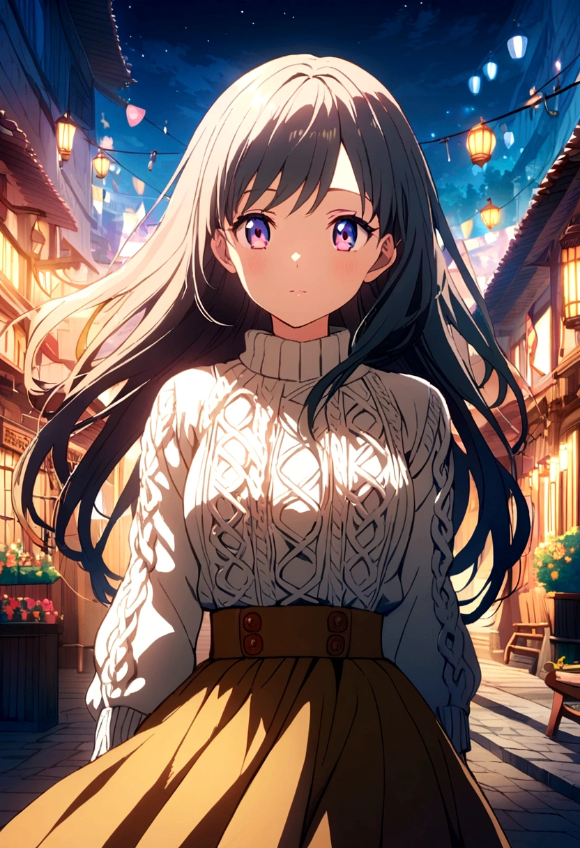 anime girl wearing a large cable knit sweater with waist length hair