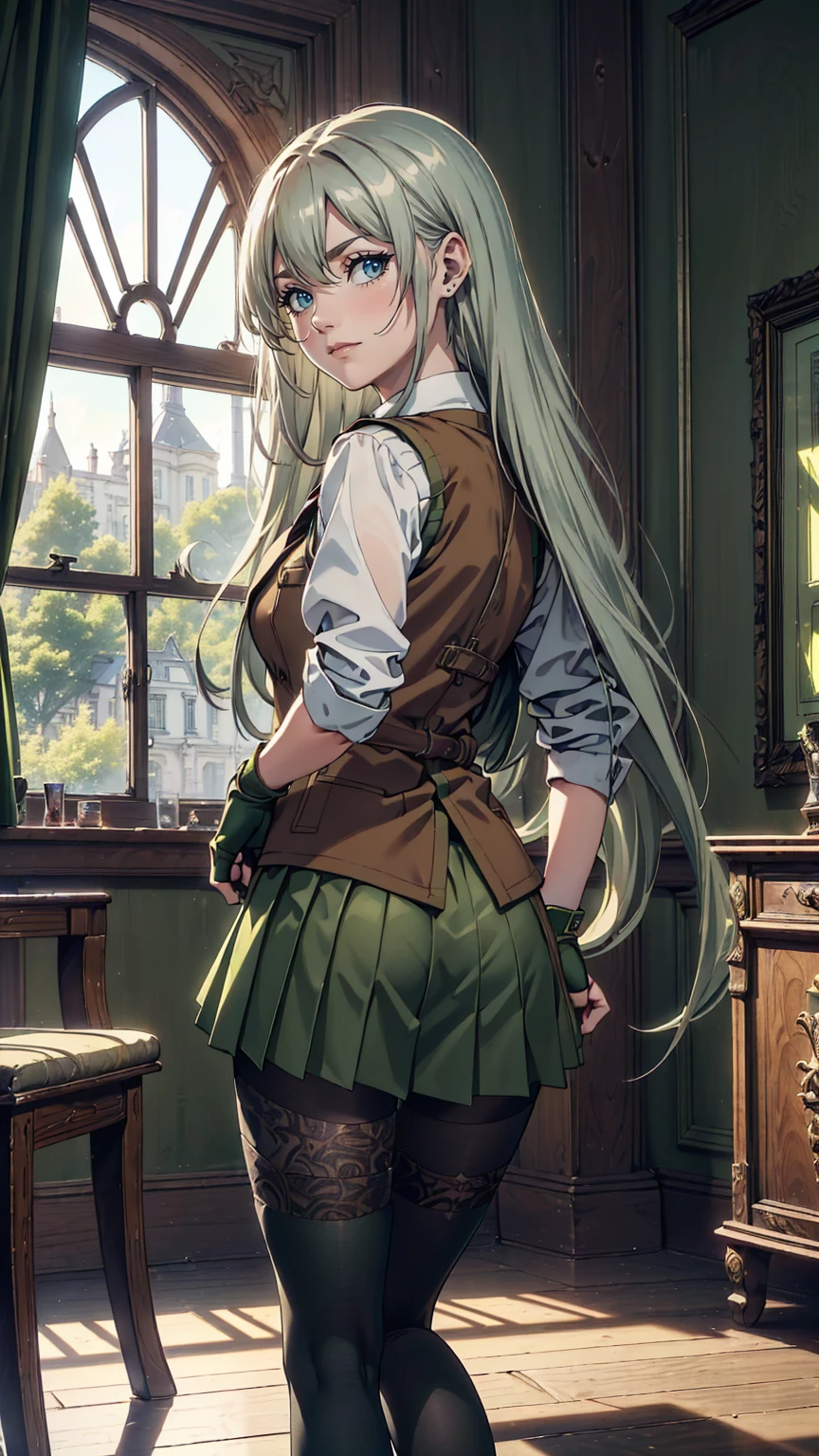 最high quality、Ultra High Definition, Ultra High Quality, Hyper Definition, Hyper Quality, Hyper Detailed, Extremely Detailed, Perfectly Detailed, Best image quality、masterpiece、woman((20-year-old、Looking Back Over Shoulder, super dynamic pose , legs bent at the knees, Green solid eyes, Silver long Hair、Disheveled Hair、Long White Hair、thin,Fingerless Glove、Green Skirt, Tights, Smirk、Brown School Vest , Dressed in school)),high quality、Beautiful art、background((Inside the mansion))、Written boundary depth、  movie、Visual Arts、Perfect art、8K,Genuine、