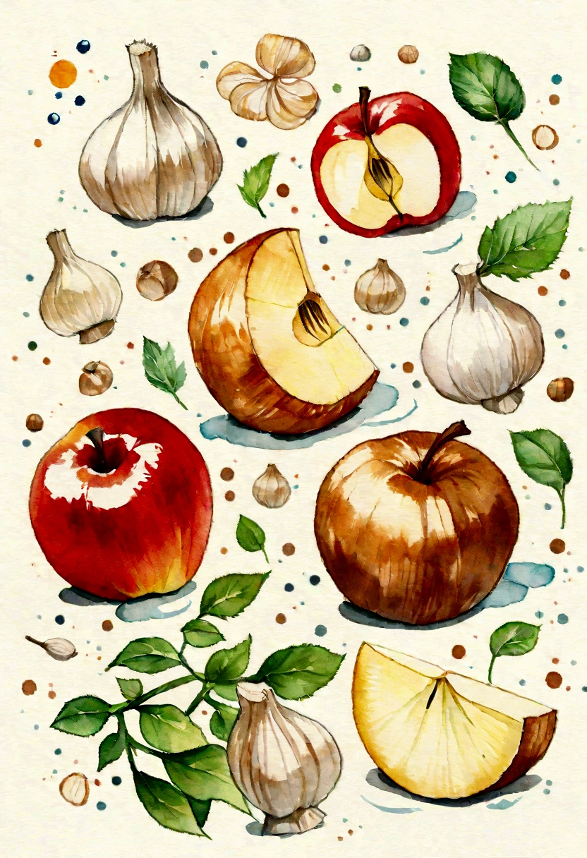 watercolor ginger, garlic, and apple, amazing food illustration, illustration, local foods, aquarelle, fruits, watercolor painting style, super realistic food picture, traditional drawing style, water color, watercolor illustration style, drawn image, water colour, aquarel, made of food, food particles