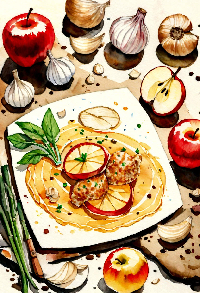watercolor ginger, garlic, and apple, amazing food illustration, illustration, local foods, aquarelle, fruits, watercolor painting style, super realistic food picture, traditional drawing style, water color, watercolor illustration style, drawn image, water colour, aquarel, made of food, food particles