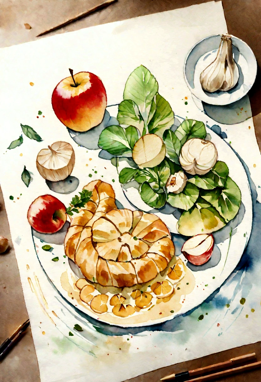 watercolor ginger, garlic, and apple, amazing food illustration, illustration, local foods, aquarelle, fruits, watercolor painting style, super realistic food picture, traditional drawing style, water color, watercolor illustration style, drawn image, water colour, aquarel, made of food, food particles