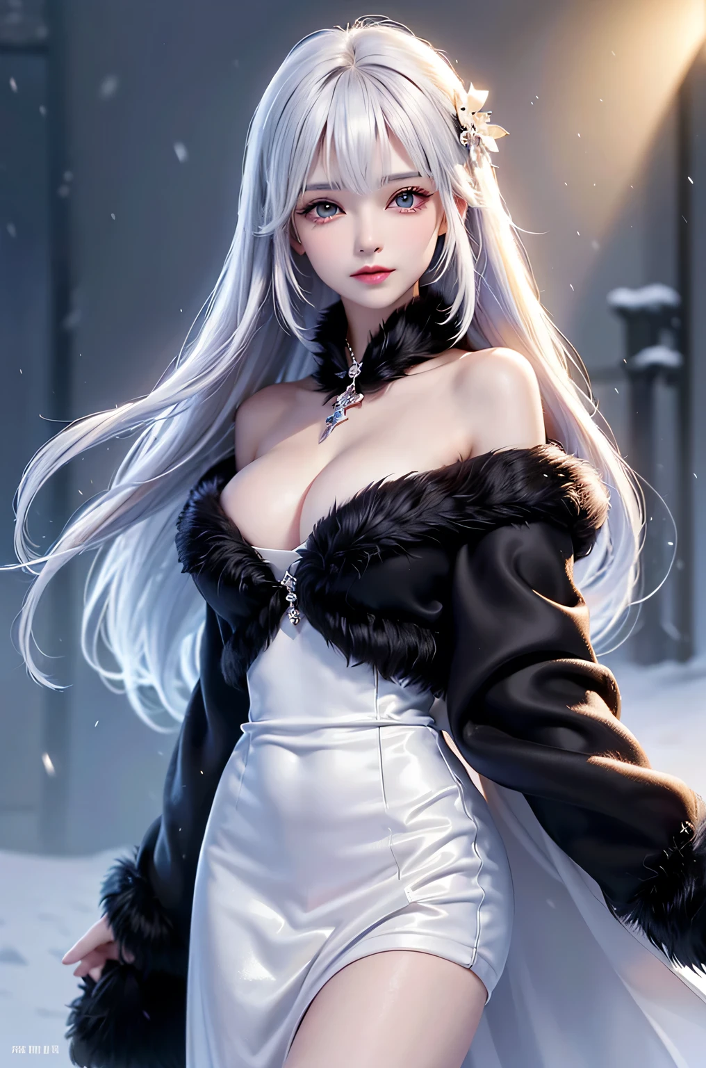 ((masterpiece:1.5、8K、Tabletop、Photorealistic and very detailed CG、Very detailed、Particle Effects、Dynamic Effects、Shallow depth of field、Cinematic Light、Lens flare、Ray Tracing、Tabletop、Realistic:1.4、Ultra-high resolution:1.2、Realistic、Realistic))((alone、,A woman wearing a black fur coat over an off-the-shoulder sweater:1.4、Elegant woman posing、Detailed face、brightexpression、young, bright, Whiter skin、medium breasts、Beautiful cleavage、Best Looks、ASİAN、Ultimate beauty、bright and shiny hair,、Super long, Silky straight hair、Hair dancing in the wind))(morning、The setting is outdoors in the snow、Crystal of snow)((White hair with shiny highlights))