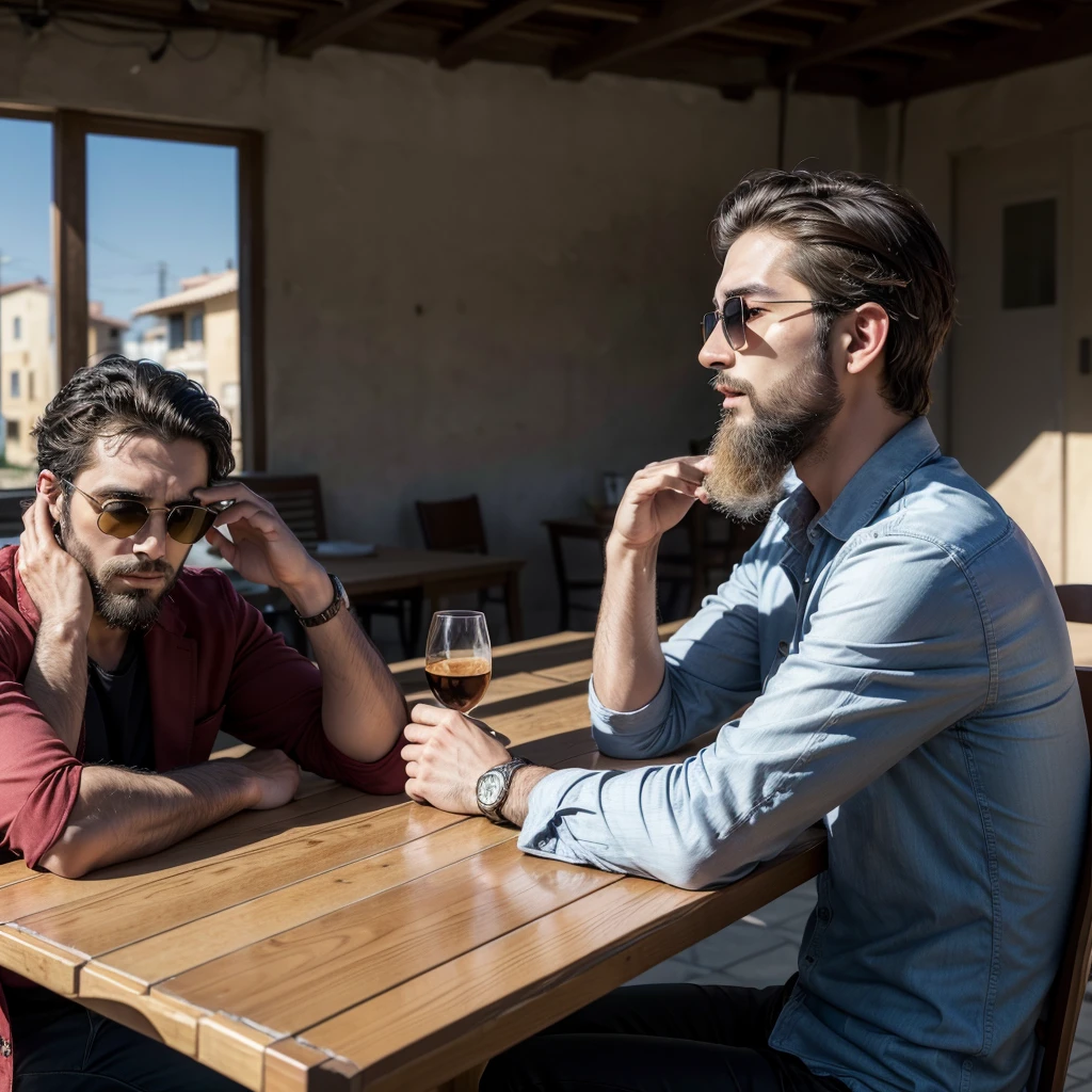 There's a man with a beard and sunglasses sitting at the table, headshot profile picture, Rafael Lecoste, profile image, Meni Chatzipanagiotou, Stefano Brunesci, Ahmad Merhab, alessandro bavari, with sunglasses, about 3 , george doutsiopoulos, 2 9 years olds pyromallis