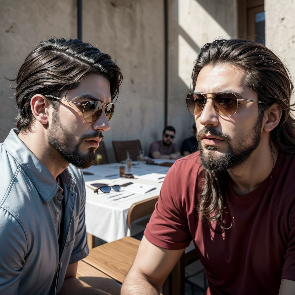 There's a man with a beard and sunglasses sitting at the table, headshot profile picture, Rafael Lecoste, profile image, Meni Chatzipanagiotou, Stefano Brunesci, Ahmad Merhab, alessandro bavari, with sunglasses, about 3 5 years old, george doutsiopoulos, 2 9 years old, alexandros pyromallis