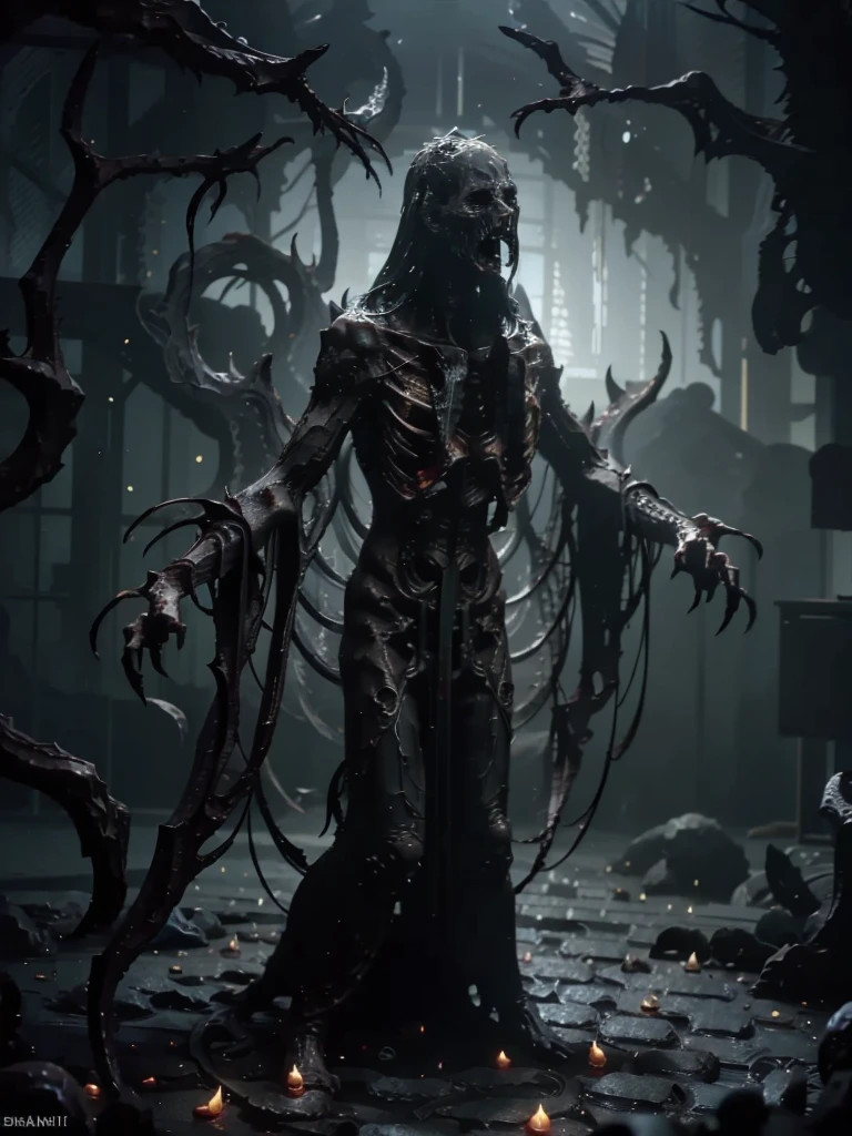 (best qualityer, ultra detali, realisitic:1.37), death god, dark atmospher, intricate skeletal structures, ethereal glow, Flowing black cloak, immense scythe, Empty eye sockets, skeletal hands, sinister presence, dramatic lighting, misty background, supernatural powers, scary expression, chilling aura, spectral presence, foreboding vibe, otherworldly beauty, elaborate crafts, winding ribbons, indescribable essence, macabre elegance, spectral creatures, hauntingly beautiful, eternal guardian, ser transcendental, mysterious silence, Bone-chilling power, hauntingly realisitic, Sinister energy, Gothic aesthetic, mysterious atmosphere, ethereal realm, threatening presence, floating souls, enigmatic figure, frighteningly captivating, shadowy face, Eternal Darkness, sad whispers