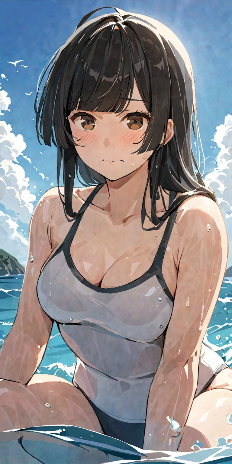 masterpiece,best quality, solo, eda, bangs, black hair, upper body,blue sky,cloud, shy expression, natural expression, medium breast, hot, thicc, swimsuit , ocean, water, she was sitting , she was posin, closed mouth, she is wearing white sando while swimming she is grabbing her chest, dynamic pose, embarrassed expression, shy expression, big thighs , big hips