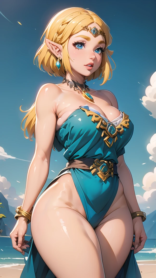 ((masterpiece)), ((best quality)), (Detailed), perfect, alone, Zelda, beautiful woman with bikini, Lush lips, Long hair, enormous breast, deep neckline, enormous breasts, sexly,