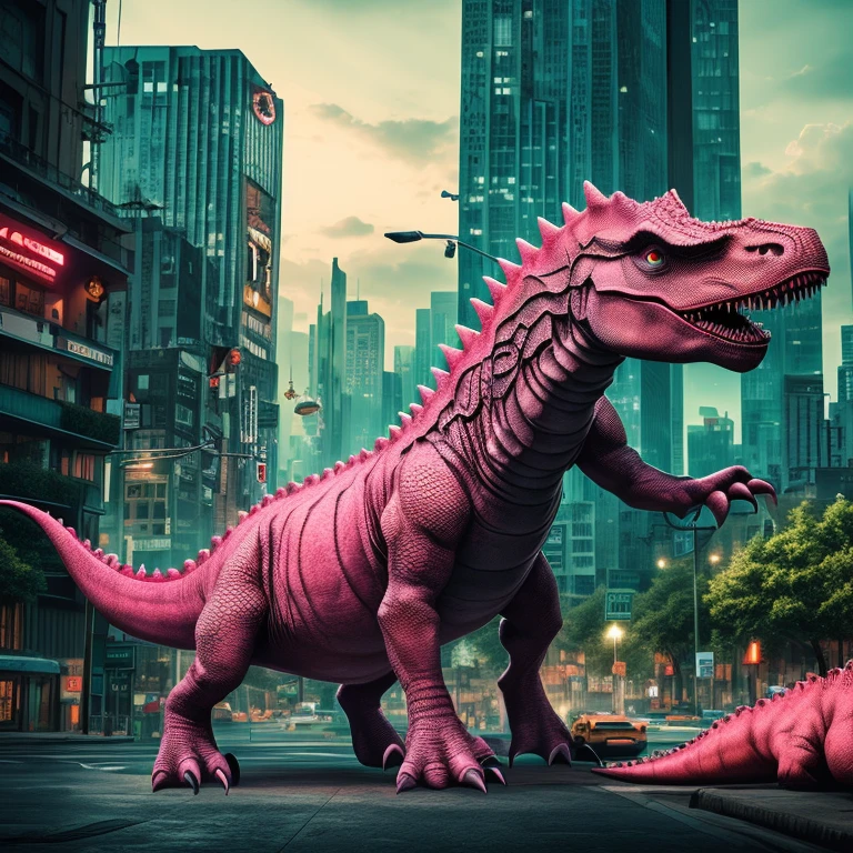 (Pink Dinosaur), the image mainly depicts a pink dinosaur integrating mechanical elements standing between high-rise buildings in the future city, with neon lights embedded on its body and soft eyes emitting light. The background is the future city, (Photography), panoramic view, award-winning, cinematic still, emotional, vignette, dynamic, vivid, (masterpiece, best quality, Professional, perfect composition, very aesthetic, absurdres, ultra-detailed, intricate details:1.3)