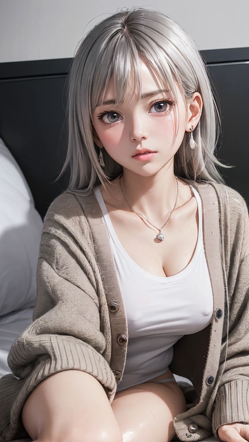 (masterpiece: 1.3), (Maximum resolution: 1.2), (Ultra HD TV: 1.2), Cinematic Light, 8K resolution, Detailed facial features , (Sharp focus: 1.2),Perfect Style, Beautiful Face, Acura, Anatomically correct, Highly detailed face and skin quality感, Beautiful Eyes,ThroughkBright Eyes, Natural Cheeks, Glowing Skin, (Glossy Lips: 1.4),、 (A shameful expression: 1.2),Highly detailed face and skin quality, Natural Cheeks, , Glossy Lips,Exposed cleavage、(White mucus on chest:1.6)(White mucus on thighs:1.6)、 blush、Humiliating、shame、Please open your knees、dissatisfaction、anger、tears、sorrow、Glaring at the camera、Spread your legs、Sparkly little earrings and necklace、Disheveled clothes、Exposed panties、stockings、Drenched in sweat、Thin underwear、Wet underwear、stockings 、Long Hair、32 years old, Clean woman,1 person、 first class cabin、On the bed(On my back, Lying down in bed, Lying down in bedいる, Lying down, White sheets:1.3)、blonde、Silver Hair、Blue-gray eyes、Green-gray eyes,(Cardigan on T-shirt:1.4)、scarf、dissatisfaction、Masturbate、Nipple exposure、Soft Breasts、White bare thighs