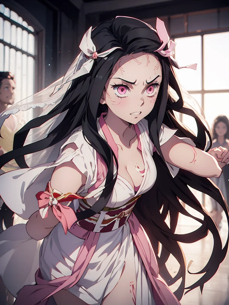 Nezuko, 1girl, as a bride, wearing a white colour wedding dress, at a wedding ceremony , 8k, high detailed, high quality
