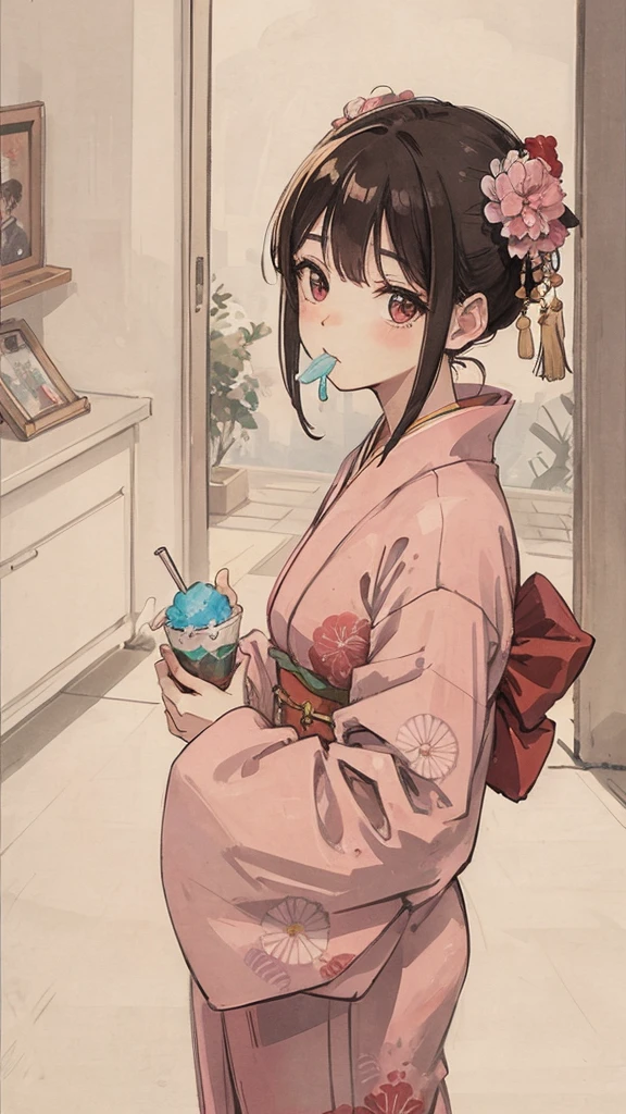 Under、Girl eating shaved ice、Pink kimono