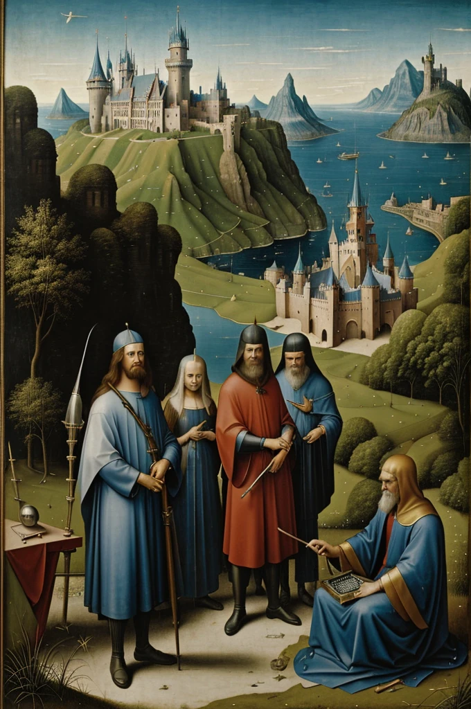 painting of three men in front of a computer with a castle in the background, hieronymus bosch style, in style of hieronymus bosch, hieronymus bosch and moebius, hr giger and zdzisław beksiński, hollosy simon and da vinci, synthesizers, artwork”, artwork ”
