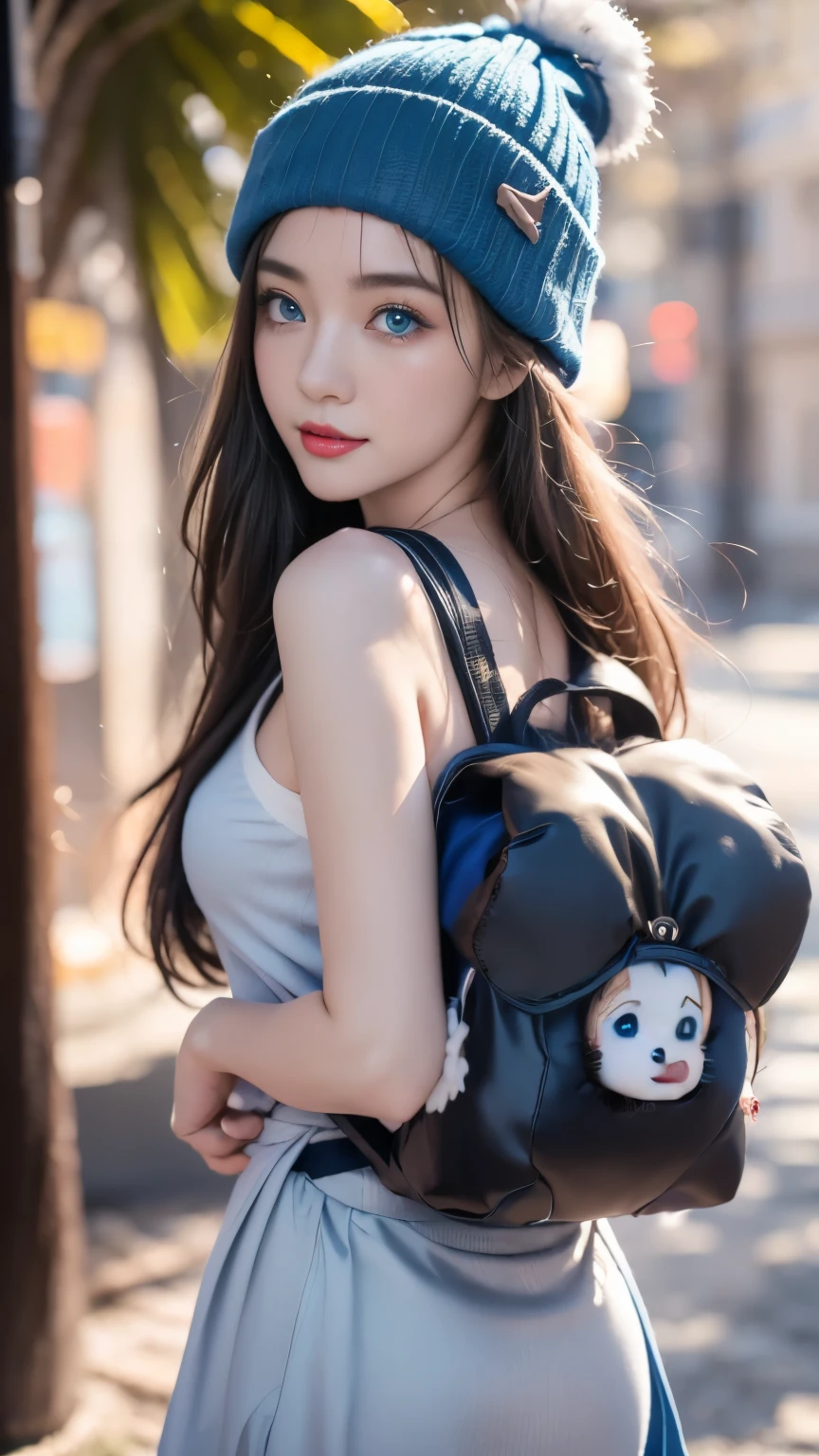 Anime Girl (((Backpack))) and (((Four dogs in the coconut grove))), ((((Blue Eyed Girl)))), (((The girl is wearing a beanie))), Lovely and detailed digital art, Cute numbers, ((((The camera is in front of the character)))), Artwork in the style of Guweiz, Realistic anime 3D style, Anime styled 3d, 渲染一个可爱的 3D Anime Girl, Produced in collaboration with Anime Painter Studio, Anime style. 8K, Children's art on the art station, Cute girl anime visual,