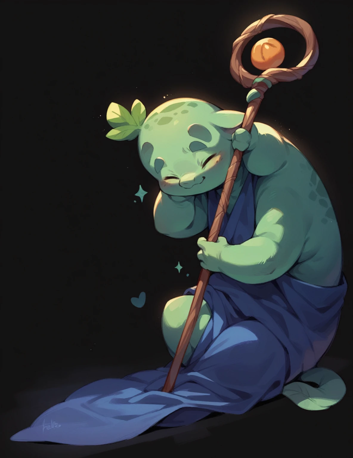 Cute squash monster, closed eyes, old, Staff on back, vagetable