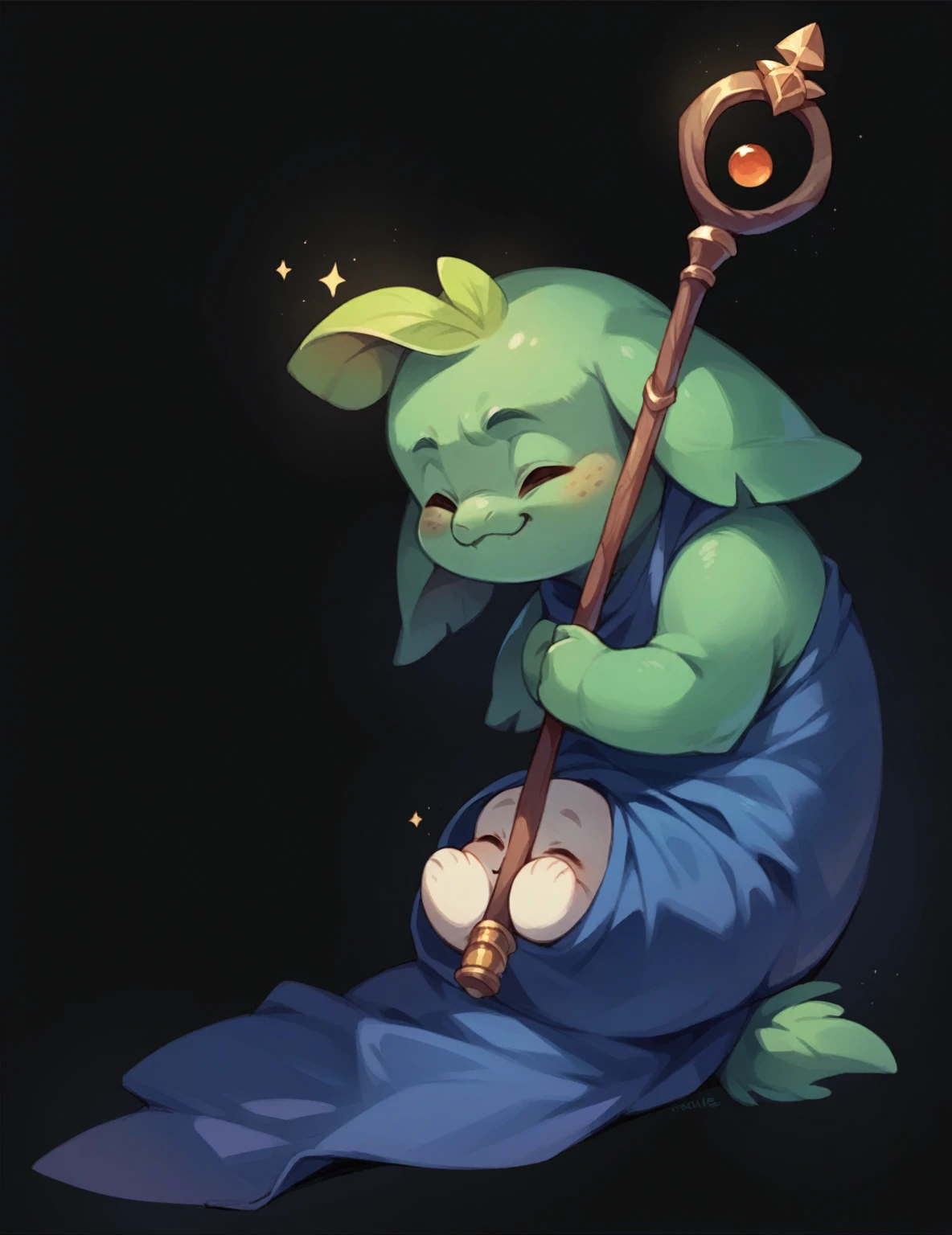 Cute squash monster, closed eyes, old, Staff on back, vagetable