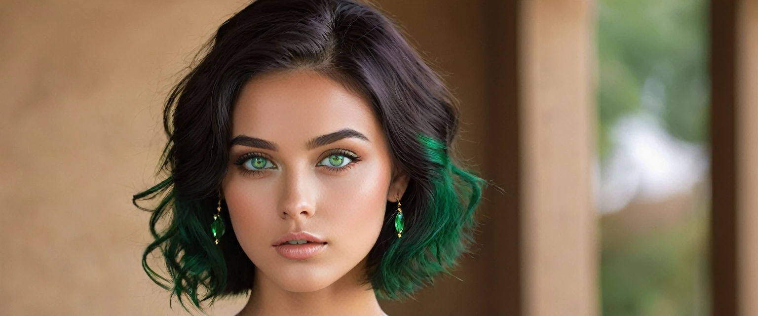 a girl with a soft contoured face with an average size, with slightly tanned skin, reddish and not very big lips, and a pair of green eyes, that demonstrated a certain familiarity with Western eye shapes, that resembled emeralds and dark-colored hair that was messy.