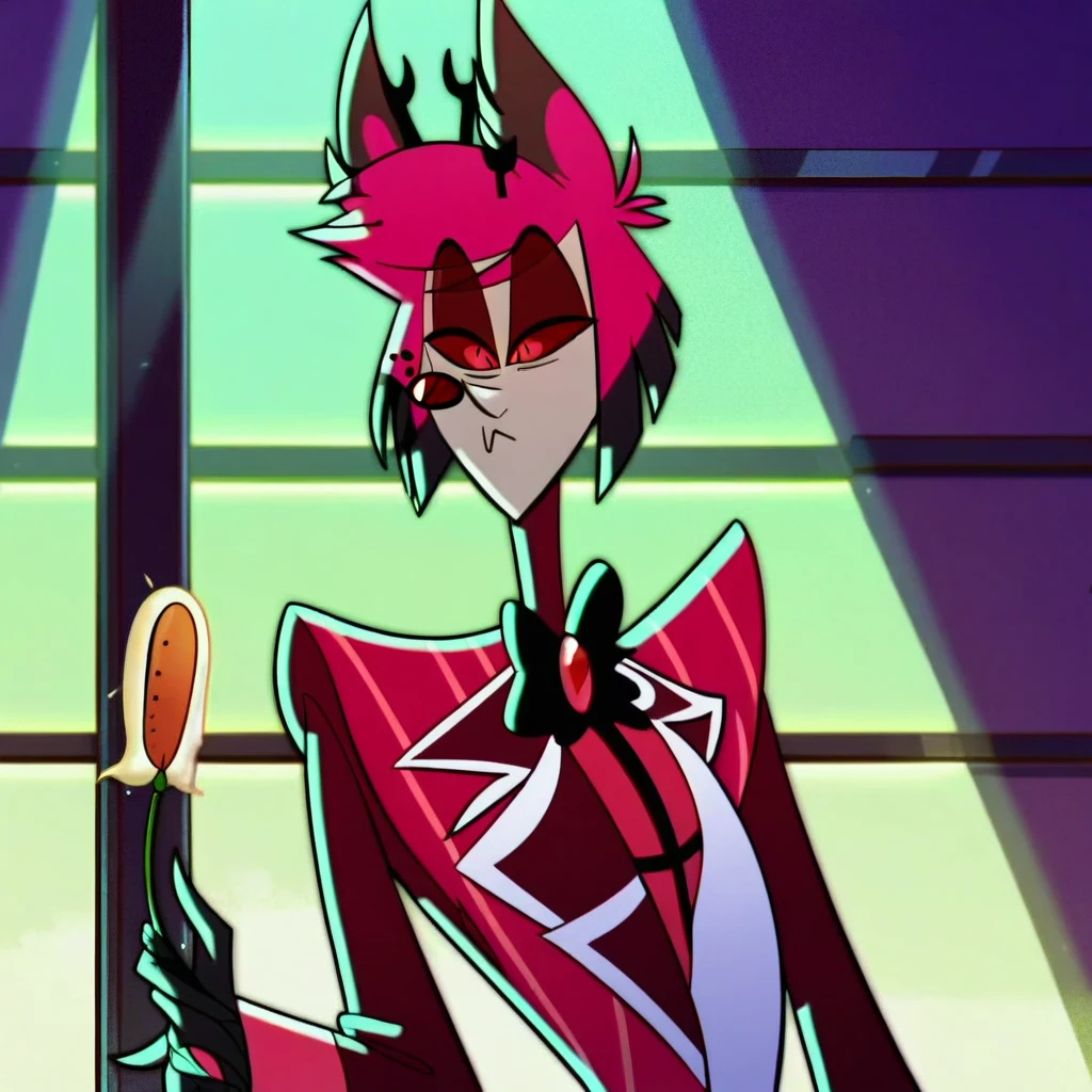 alastor, solo, 1girl, standing, (huge breasts:1.5), grey skin, red suit, monocle, BREAK score_9, score_8_up, score_7_up, screencap, (((lighting on body)))