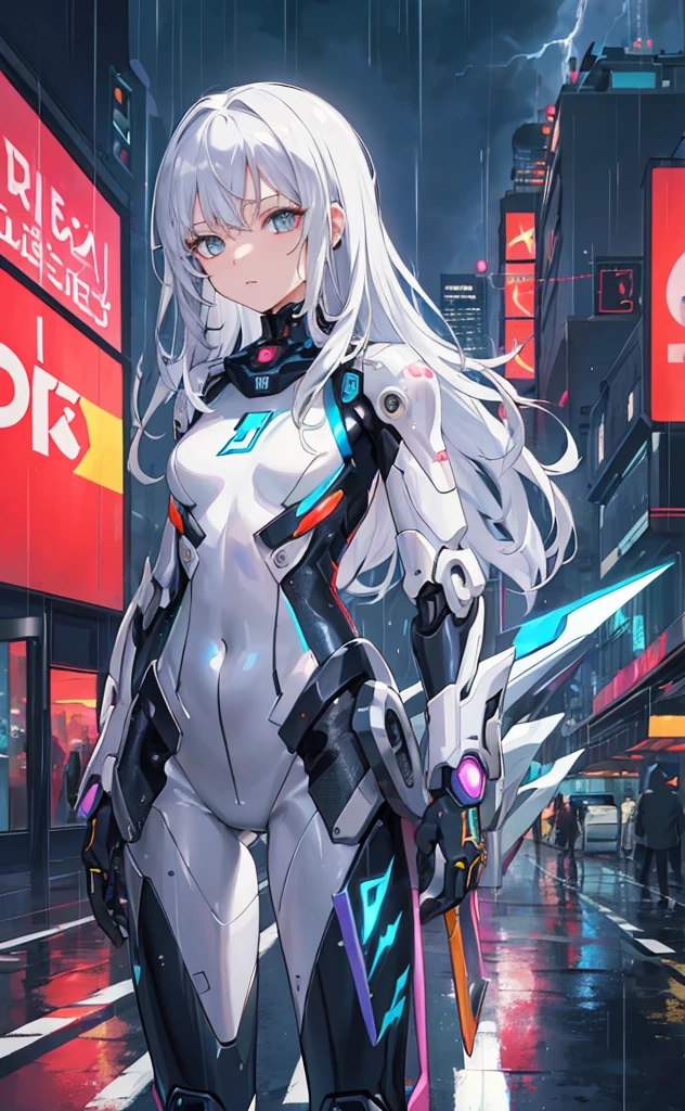 ((masterpiece:1.4, best quality))+, (ultra detailed)+,
1 girl,cyberpunk city,flat chest,wavy hair,mecha clothes,(robot girl),cool movement,silver bodysuit,colorful background,rainy days,(lightning effect),silver dragon armour,(cold face),cowboy shot,