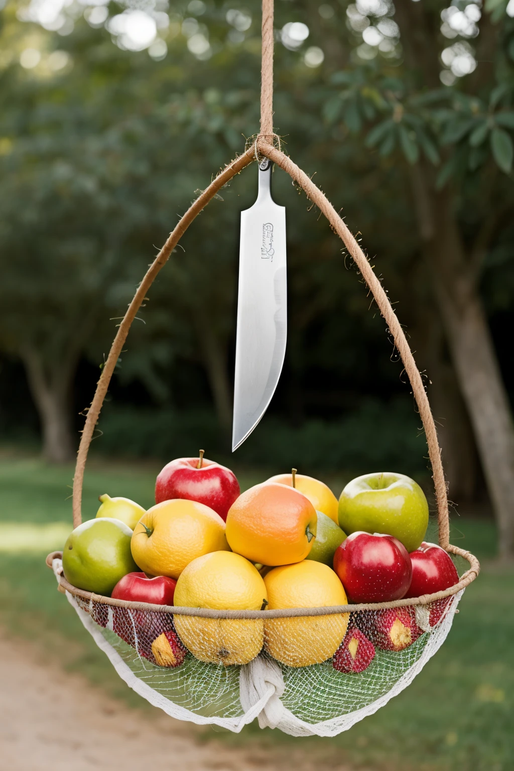 Generate images of a hook-shaped knife that can be used to cut fruits from trees and has a net that holds the fruits.( that the instrument has its dimensions or measurements)