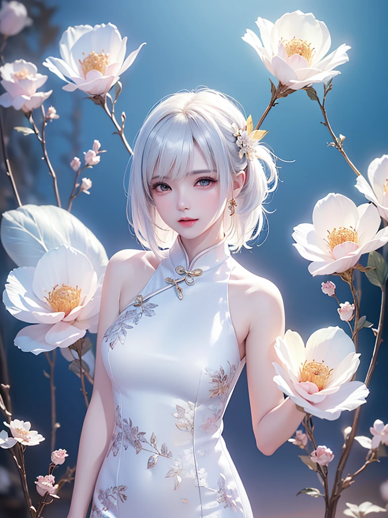 ((Above the knee images))((masterpiece:1.5、8K、Portraiture、フォトリアリスティックでVery detailedなCG、Very detailed、Particle Effects、Dynamic Effects、Written boundary depth、Cinematic Light、Lens flare、Ray Tracing、Tabletop、Realistic:1.4、Ultra-high resolution:1.2、Realistic、Realistic))((alone、No sleeve,A woman wearing a Chinese dress:1.4、Model-like pose:、Side bust、Ample 、Detailed face、Bright expression、young, Brighter, Whiter skin、Best Looks、Ultimate beauty、White hair with shiny highlights:1.8、bright and shiny hair,, Silky straight hair、Hair swaying in the wind))(Wonderful transparent flower々Surrounded by、White Background、Great background、Thin petals fluttering down)