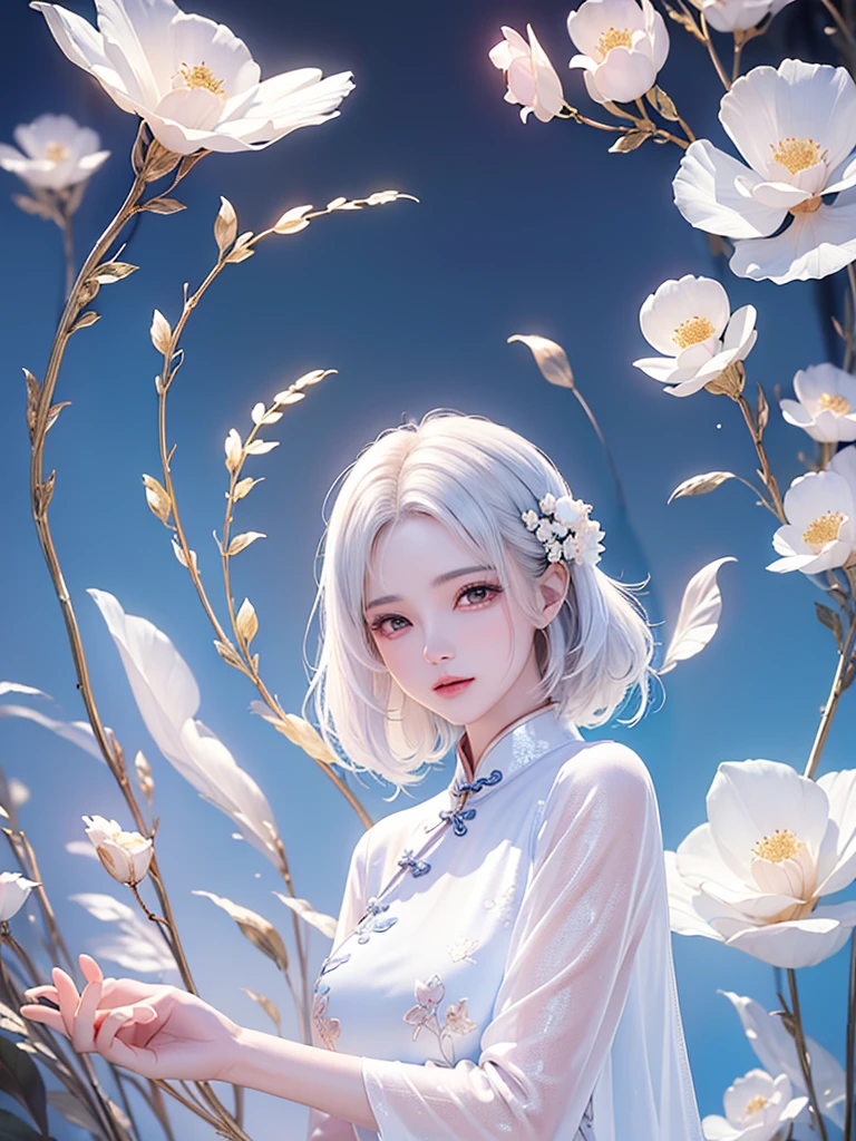 ((Above the knee images))((masterpiece:1.5、8K、Portraiture、フォトリアリスティックでVery detailedなCG、Very detailed、Particle Effects、Dynamic Effects、Written boundary depth、Cinematic Light、Lens flare、Ray Tracing、Tabletop、Realistic:1.4、Ultra-high resolution:1.2、Realistic、Realistic))((alone、No sleeve,A woman wearing a Chinese dress:1.4、Model-like pose:、Side bust、Ample breasts、Detailed face、Bright expression、young, Brighter, Whiter skin、Best Looks、Ultimate beauty、White hair with shiny highlights:1.8、bright and shiny hair,, Silky straight hair、Hair swaying in the wind))(Wonderful transparent flower々Surrounded by、White Background、Great background、Thin petals fluttering down)