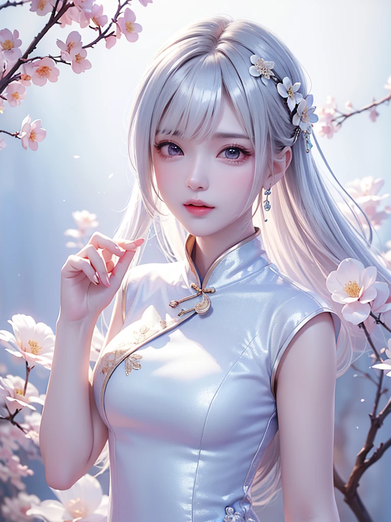 ((Above the knee images))((masterpiece:1.5、8K、Portraiture、フォトリアリスティックでVery detailedなCG、Very detailed、Particle Effects、Dynamic Effects、Written boundary depth、Cinematic Light、Lens flare、Ray Tracing、Tabletop、Realistic:1.4、Ultra-high resolution:1.2、Realistic、Realistic))((alone、No sleeve,A woman wearing a Chinese dress:1.4、Model-like pose:、Side bust、Ample breasts、Detailed face、Bright expression、young, Brighter, Whiter skin、Best Looks、Ultimate beauty、White hair with shiny highlights:1.8、bright and shiny hair,, Silky straight hair、Hair swaying in the wind))(Wonderful transparent flower々Surrounded by、White Background、Great background、Thin petals fluttering down)