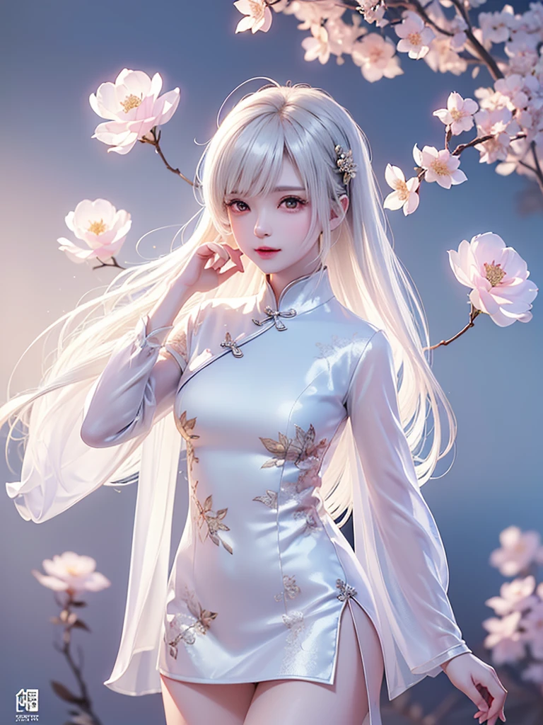((Above the knee images))((masterpiece:1.5、8K、Portraiture、フォトリアリスティックでVery detailedなCG、Very detailed、Particle Effects、Dynamic Effects、Written boundary depth、Cinematic Light、Lens flare、Ray Tracing、Tabletop、Realistic:1.4、Ultra-high resolution:1.2、Realistic、Realistic))((alone、No sleeve,A woman wearing a Chinese dress:1.4、Model-like pose:、Side bust、Ample breasts、Detailed face、Bright expression、young, Brighter, Whiter skin、Best Looks、Ultimate beauty、White hair with shiny highlights:1.8、bright and shiny hair,, Silky straight hair、Hair swaying in the wind))(Wonderful transparent flower々Surrounded by、White Background、Great background、Thin petals fluttering down)