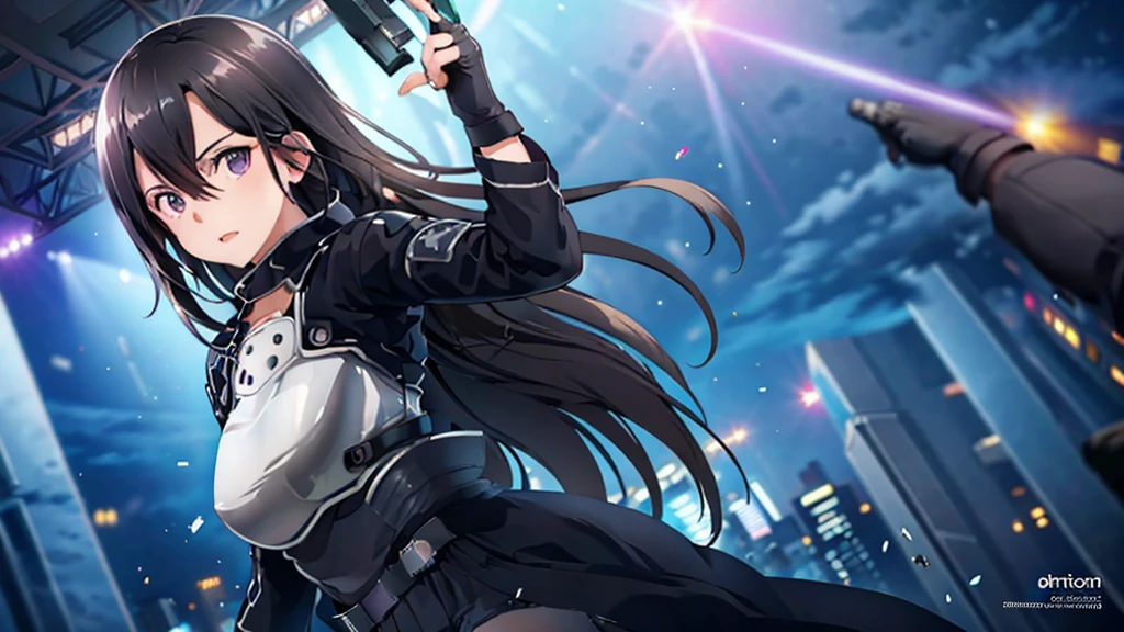 1 girl, cowboy shot, beautiful Kirito_GMOs, long hair, black hair, black eyes, on open air, Kirito_suit, night,city , volumetric lighting, Best quality, masterpiece, complex parts, tone mapping, sharp focus, hyper detailed, trending on artstation