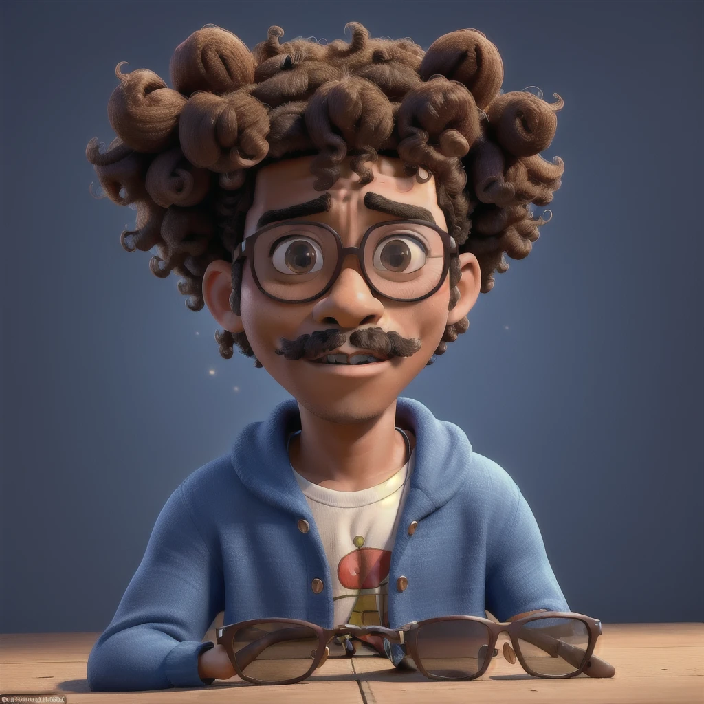 masterpiece, best quality, bruno mars, not very tall, with a moustache and sunglasses with clear lenses, with curly hair, with a bandana on his head, wearing an 80's style outfit in a dark blue room 