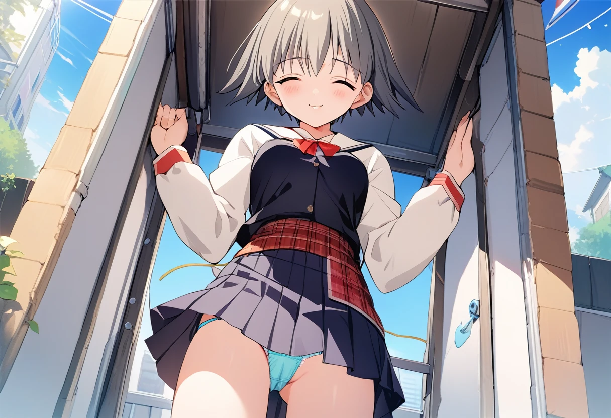 One girl,((Nozomi)),smile、Gentle expression、Welcome、The whole body is shown、blue sky、rooftop、uniform、skirt、panty shot,upskirt,Sexy pose、Light green string panties from below,A complete depiction of the human body,masterpiece, Highest quality, Game CG, ultra detailed、highres、extremely detailed CG