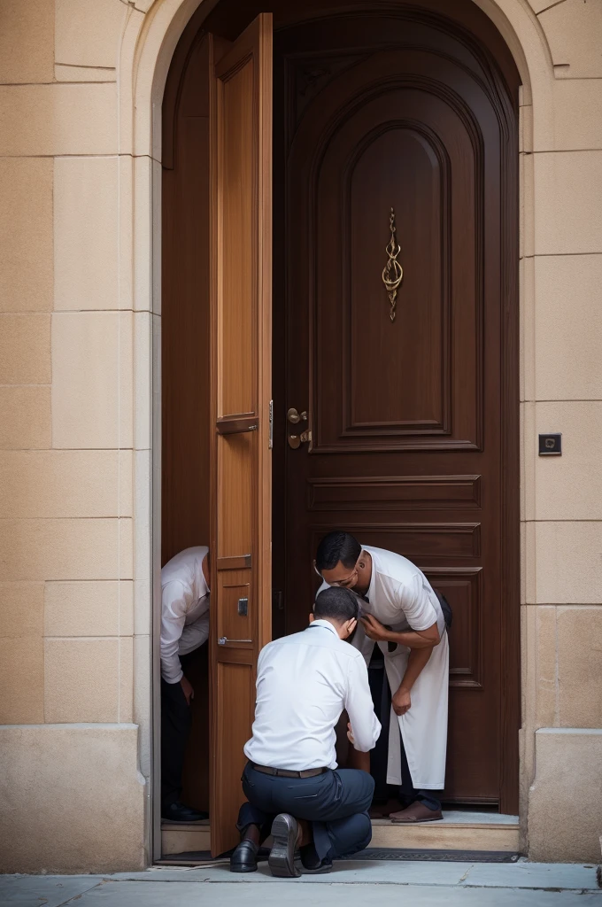 People prostrate at a door
