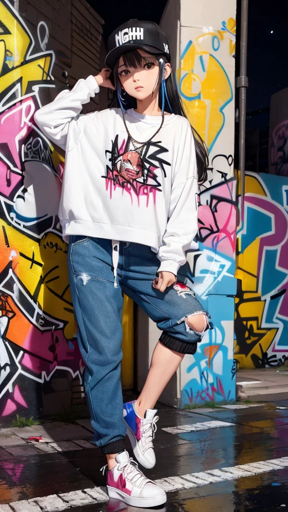 (((graffiti:1.4))),(background blurring:1.2),shibuya at night,(night_sky:1.4),(masterpiece,best quality:1.2),(8k),shiny skin,detailed skin,detailed face,detailed eyes,(steam from extractor fan:1.3),(wet road surface:1.3),1girl,(hip hop dancer:1.4),beautiful face,(Cinematic Lighting:1.3),((night:1.4)),straight_hair,(depth of field:1.2),(looking_to_the_side:1.2),looking_afar,medium breasts BREAK
(((hip-hop girl:1.3))),((high-cut sneakers:1.2)) BREAK
((Hip Hop Fashion)),(graffiti wall:1.3),(use of colorful colors:1.3),half pants,