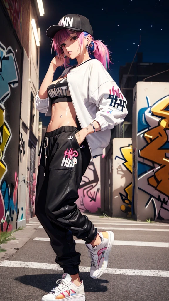 (((graffiti:1.4))),(background blurring:1.2),shibuya at night,(night_sky:1.4),(masterpiece,best quality:1.2),(8k),shiny skin,detailed skin,detailed face,detailed eyes,(steam from extractor fan:1.3),(wet road surface:1.3),1girl,(hip hop dancer:1.4),beautiful face,(Cinematic Lighting:1.3),((night:1.4)),straight_hair,(depth of field:1.2),(looking_to_the_side:1.2),looking_afar,medium breasts BREAK
(((hip-hop girl:1.3))),((high-cut sneakers:1.2)) BREAK
((Hip Hop Fashion)),(graffiti wall:1.3),(use of colorful colors:1.3),half pants,
