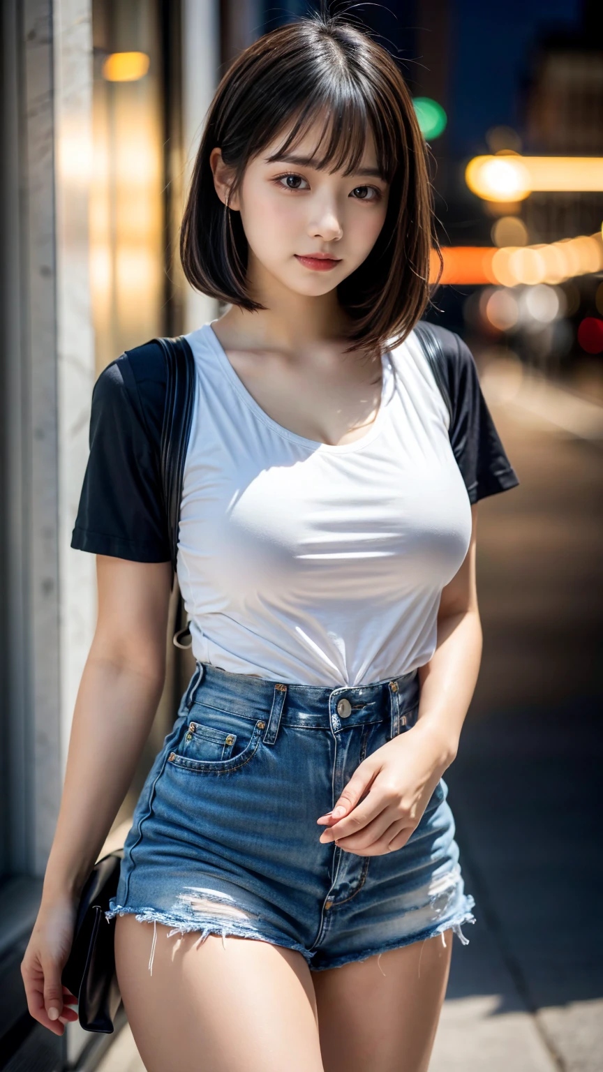 (8K, RAW Photos, Highest quality, masterpiece:1.2), masterpiece, super detailed, super high quality, (Realistic and photorealistic photography:1. 37), High-resolution RAW color photos, Very delicate and beautiful, highly detailed, 8k wallpaper, wonderful, detailed, Very eye, very detailed, very detailed skin, very thin fingers, very detailed nose, very detailed mouth, Perfect Anatomy, BREAK,18 year old girl, Colossal tits, short bob hair, black hair color, cute type, ta, Beautiful makeup, glitter makeup, Big Natural Color Lip, perfect body shape, crying a little, beautiful legs, Voluptuous thighs, BREAK, (Fashionable, white t-shirt, a denim miniskirt:1.2), BREAK, night club, at midnight