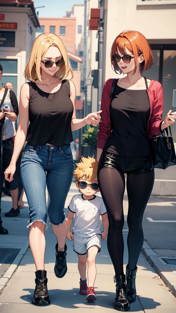 two sexy women looking down at 4 years old boy with blonde hair and shorts, flirtatious smiles, women have auburn hair, boy has sunglasses