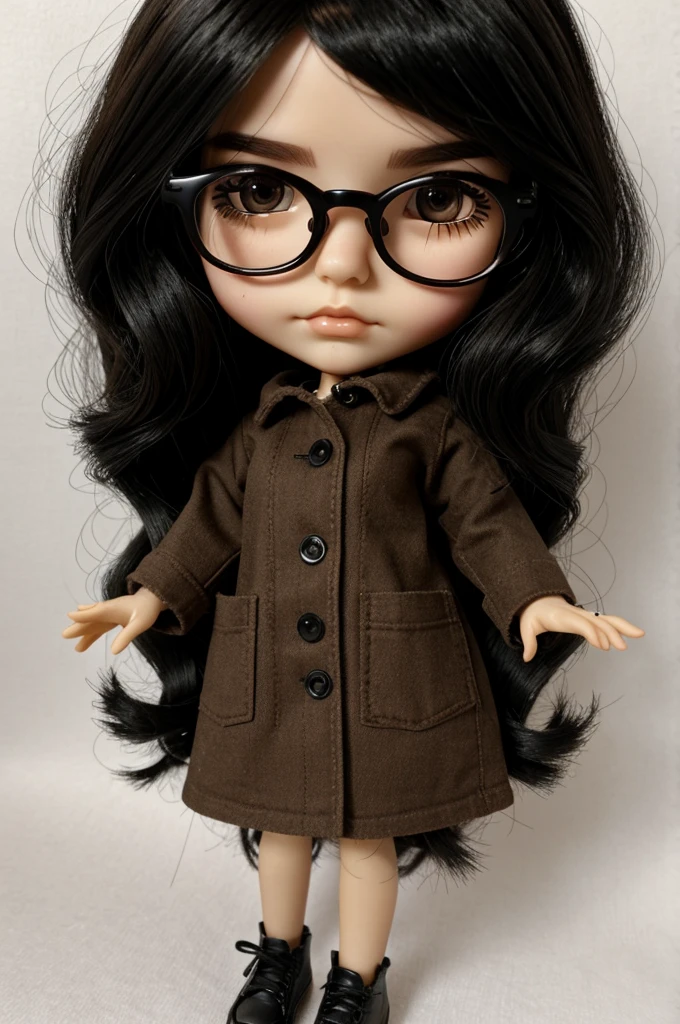 Blythe DOLL with eyebrow piercing, long black hair, brown eyes, black glasses