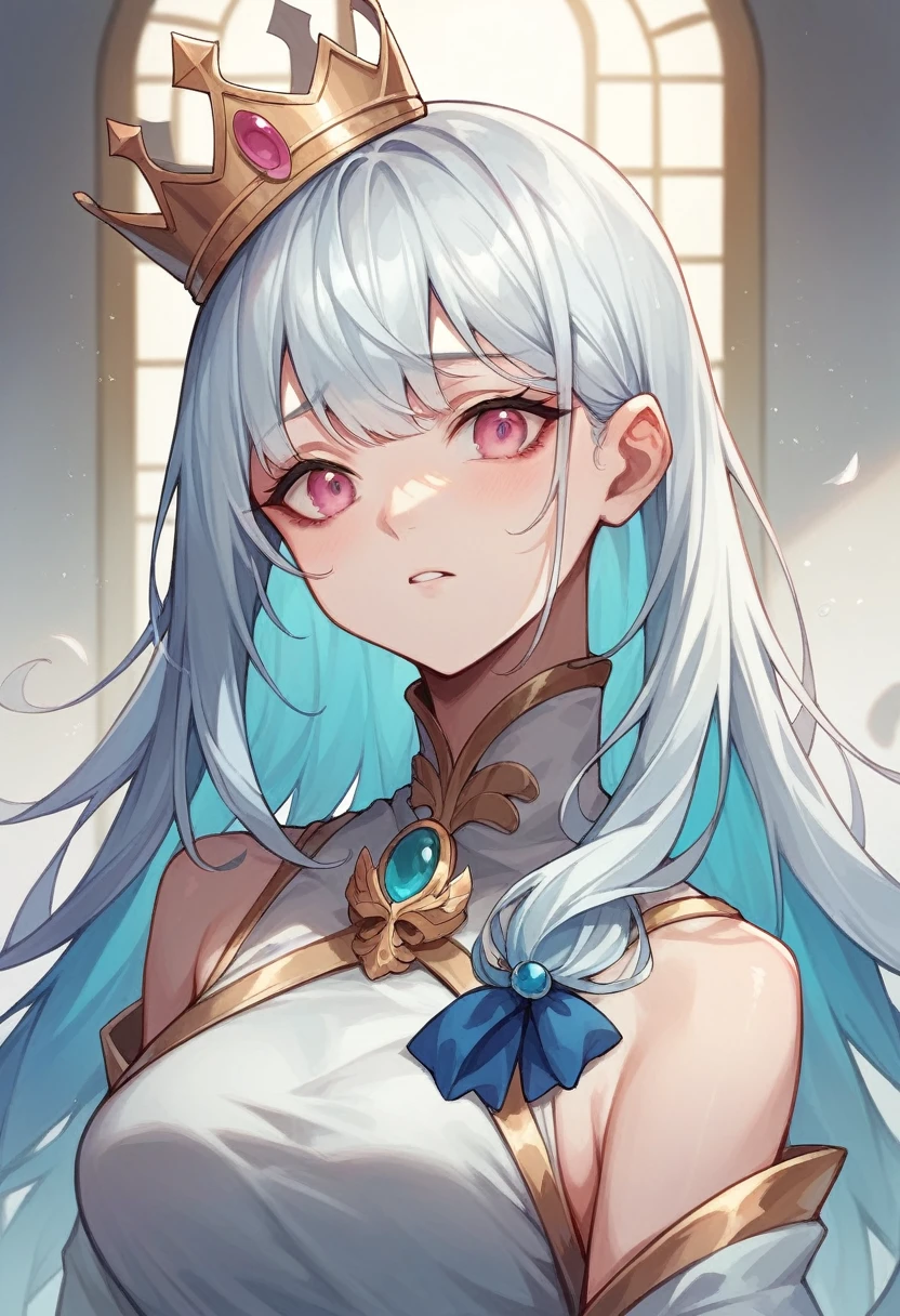Long Hair Girl,Pure white hair,Blue inner hair,The bangs are thick and cut above the eyebrows.,Gold crown,Deep pink eyes,Silk clothing,Blue and white outfit,Light blue ribbon around the neck,18-year-old,