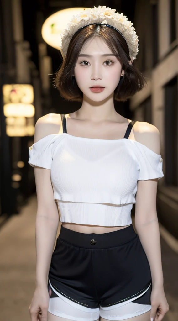 ((Best Quality, 8K, Masterpiece: 1.3)), (Flower Cap: 1.3), Focus: 1.2, Perfect Body Beauty: 1.4, Buttocks: 1.2, (Layered Haircut: 1.2)), (Dark Street: 1.3), Highly Detailed Face and Skin Texture, Full Body, Delicate Eyes, Double Eyelids, Whitened Skin, Long Hair, (Round Face: 1.5), (Loose Crop Top, Shorts: 1.6)