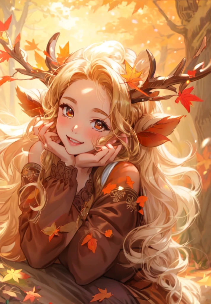 a ((brown skin)) young woman with long blonde hair and a deer antlers on her head, in a forest, 🍁 cute, 🍂 cute, smiling , full length happy,cute, open eye,gold eyes,sitting in the forest beautiful autumn spirit, goddess of autumn, style artgerm, seasons!! : 🌸 ☀ 🍂 ❄, orange and brown leaves for hair, artgerm and rossdraws, anime girl with long hair, extremely detailed artgerm, artgerm and atey ghailan