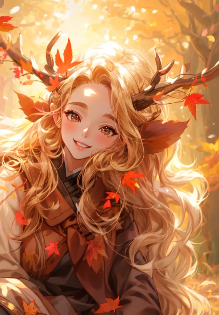 a ((brown skin)) young woman with long blonde hair and a deer antlers on her head, in a forest, ๐ cute, ๐ cute, smiling , full length happy,cute, open eye,gold eyes,sitting in the forest beautiful autumn spirit, goddess of autumn, style artgerm, seasons!! : ๐ธ โ ๐ โ, orange and brown leaves for hair, artgerm and rossdraws, anime girl with long hair, extremely detailed artgerm, artgerm and atey ghailan